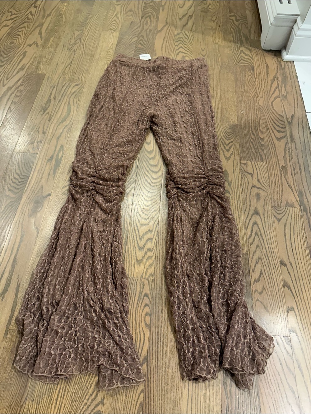 Free People Brown Textured Ruffle-Hem Flare Pants